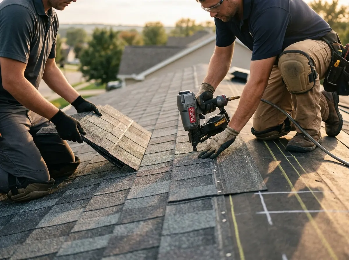 Professional roofer working on a residential roof in Amityville